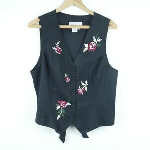 Vintage P 14 Vest Waistcoat 90s Black Floral Embroidered Whimsigoth Regency Goth
